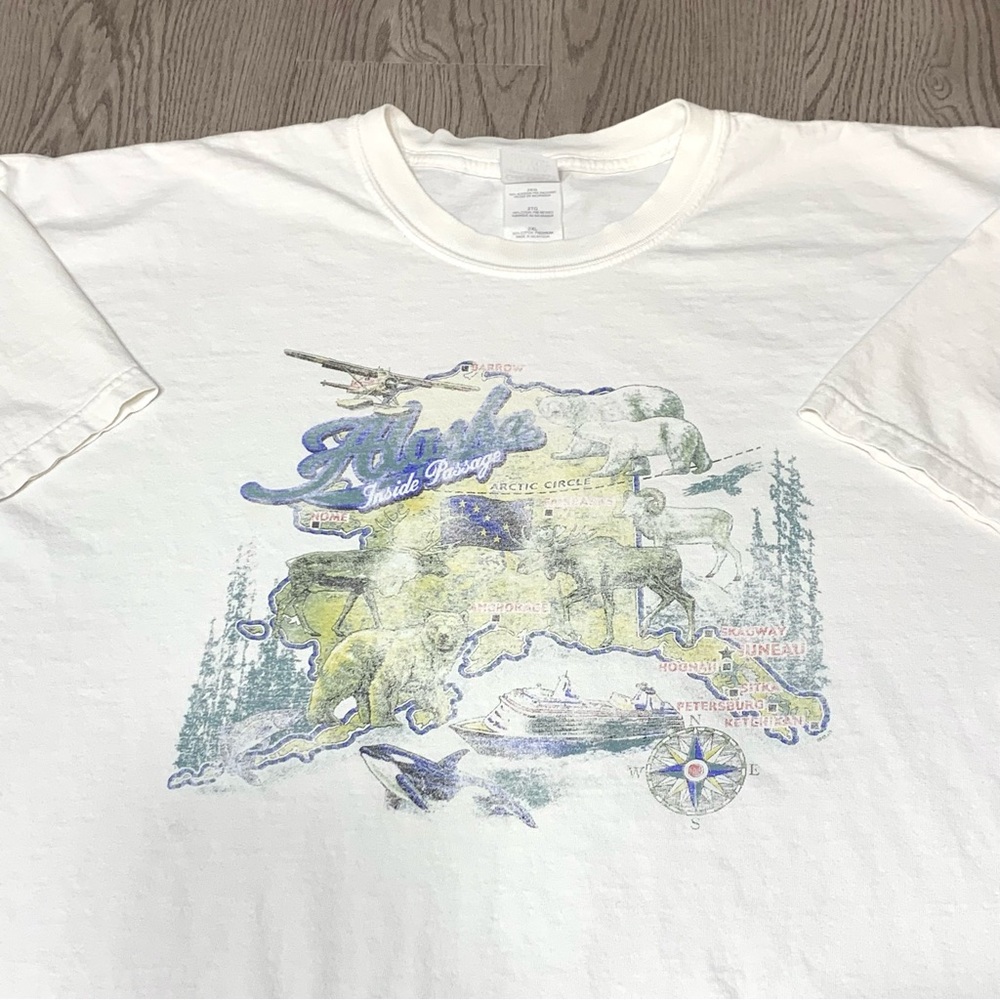 Vintage Alaska Inside Passage Animals Nature Map White Tee 2XL‎